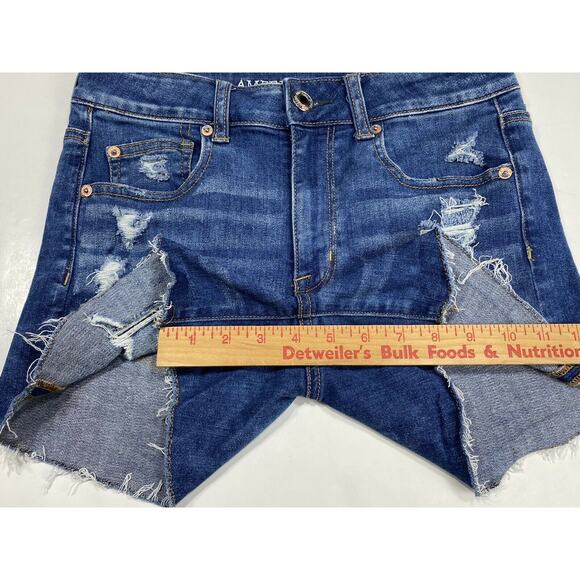 American Eagle Hi-Rise Shortie Sz 4 Denim Jean Shorts Holes Raw Hems - Picture 3 of 8